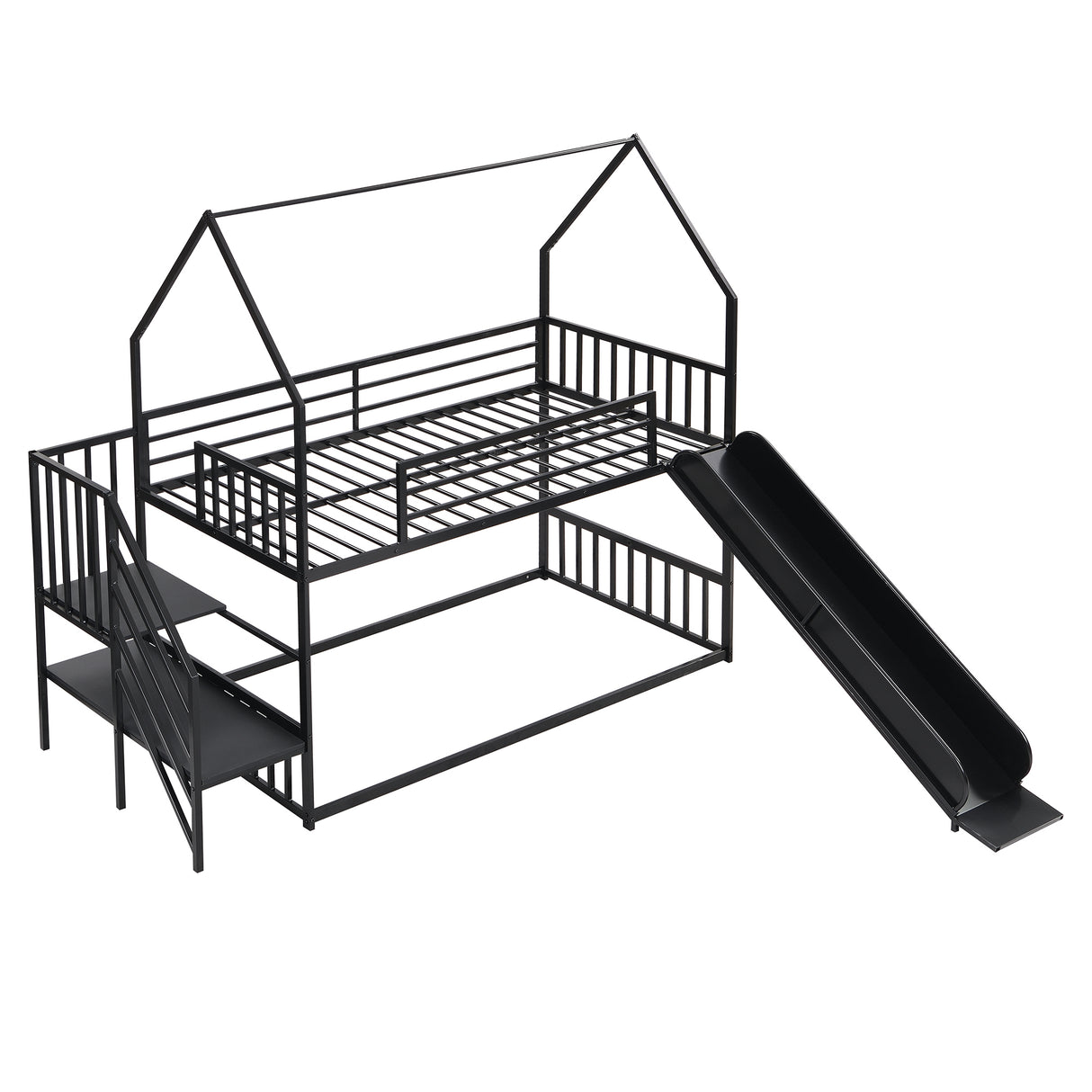 Twin Size Metal Bunk Bed House Bed with Slide and Staircase, Black