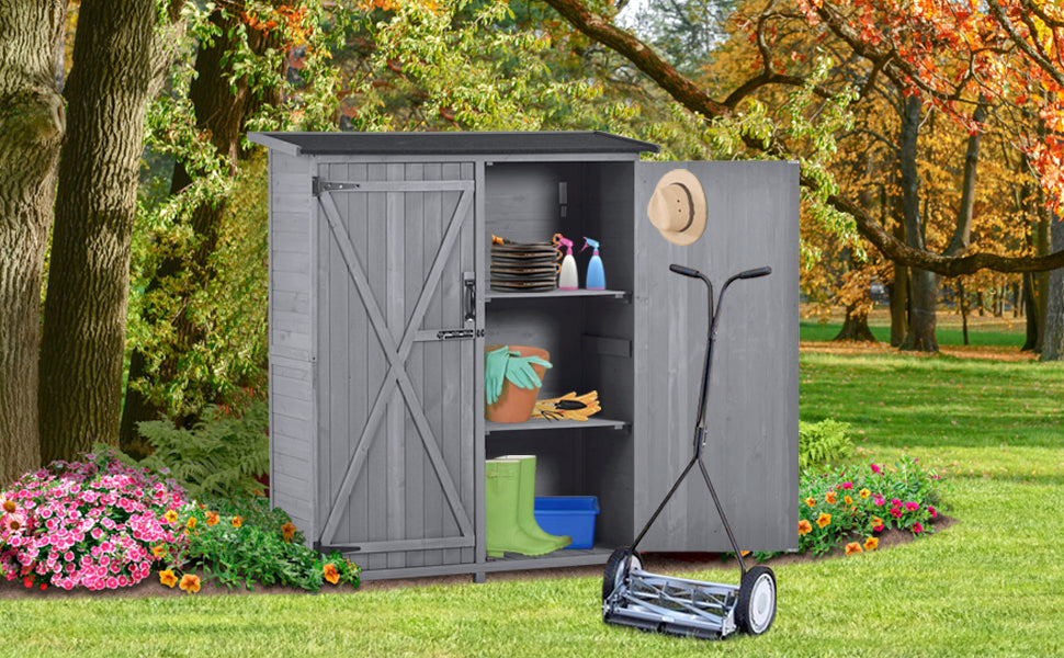 TOPMAX Outdoor 5.3ft Hx4.6ft L Wood Storage Shed Tool Organizer,Garden Shed, Storage Cabinet with Waterproof Asphalt Roof, Double Lockable Doors, 3-tier Shelves for Backyard, Gray