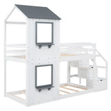 Twin Over Twin Bunk Bed with Storage Stairs,Wood Bed with Roof, Window, Guardrail, Ladder，White - Home Elegance USA