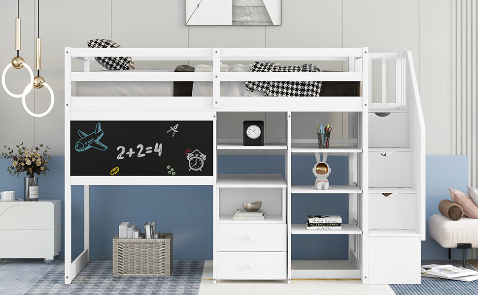 Twin Size Loft Bed with Pullable Desk and Storage Shelves,Staircase and Blackboard,White - Home Elegance USA