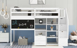 Twin Size Loft Bed with Pullable Desk and Storage Shelves,Staircase and Blackboard,White - Home Elegance USA