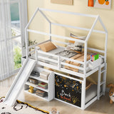 Twin over Twin House Bunk Bed with Blue Tent, Slide, Shelves and Blackboard, White - Home Elegance USA