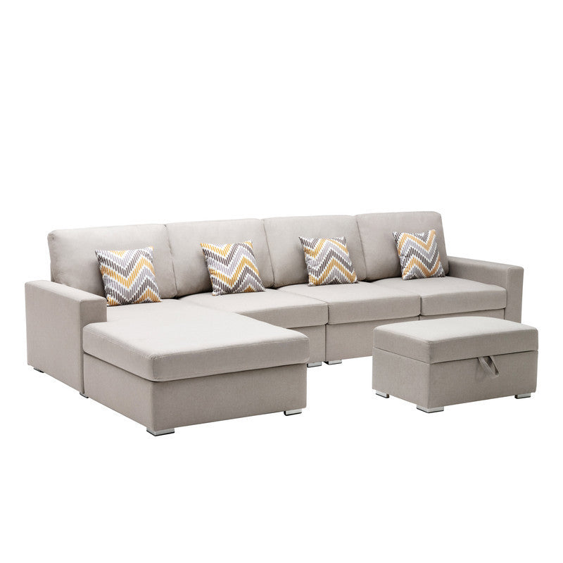 Nolan Beige Linen Fabric 5Pc Reversible Sofa Chaise with Interchangeable Legs, Storage Ottoman, and Pillows - Home Elegance USA