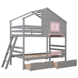 Twin over Twin Bunk Bed with 2 Drawers, 1 Storage Box, 1 Shelf, Window and Roof-Gray(OLD SKU:LT000608AAE) - Home Elegance USA
