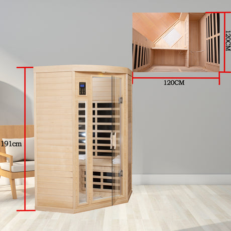 Pentagonal  Canadian hemlock sauna room.Far Infrared Sauna 7 Low EMF Heaters, Wooden Sauna Room 1600 Watt, Chromotherapy, Bluetooth Speaker, LCD, LED.Celsius can be converted to Fahrenheit.