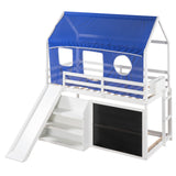 Twin over Twin House Bunk Bed with Blue Tent, Slide, Shelves and Blackboard, White - Home Elegance USA