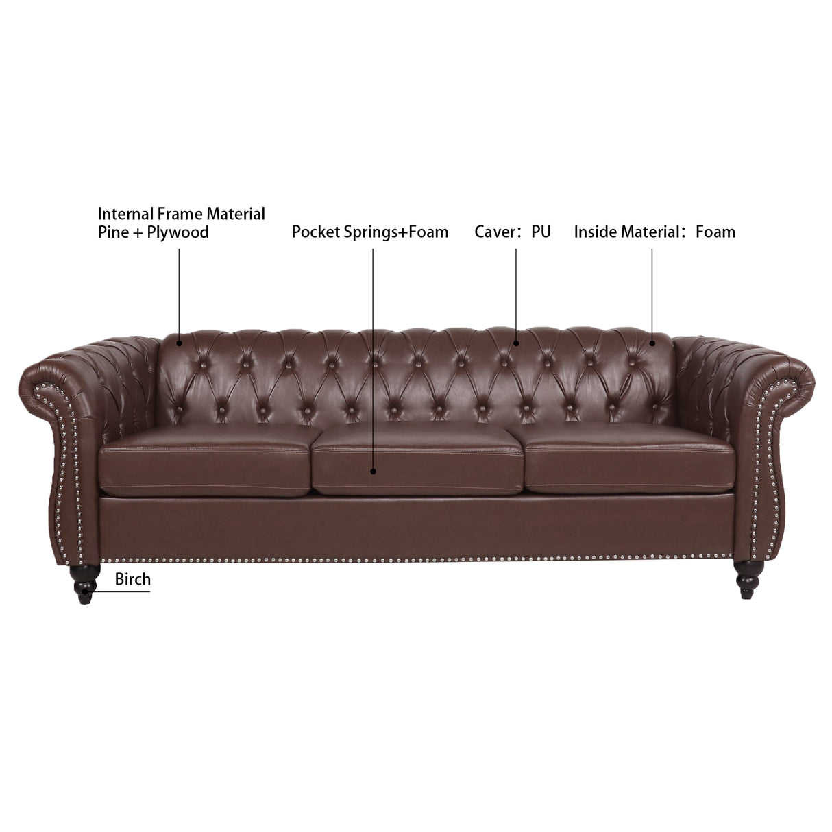 84.65" Dark Brown PU Rolled Arm Chesterfield Three Seater Sofa. | Home Elegance USA