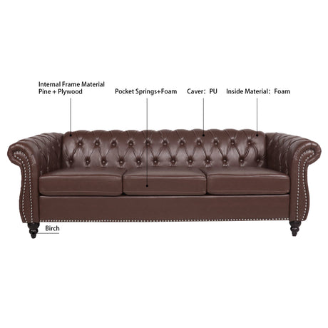 84.65" Dark Brown PU Rolled Arm Chesterfield Three Seater Sofa. - W68035342 - image - 8