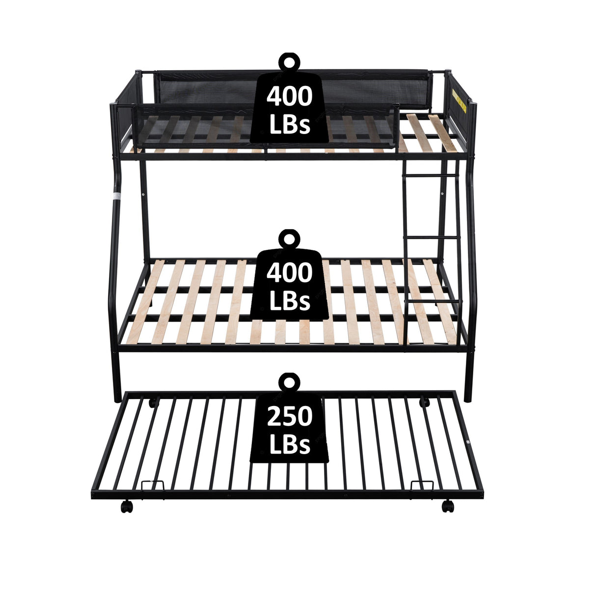 Twin over Full Metal Bunk Bed with Trundle (Wood Slat and Textilene Guardrail) - Home Elegance USA