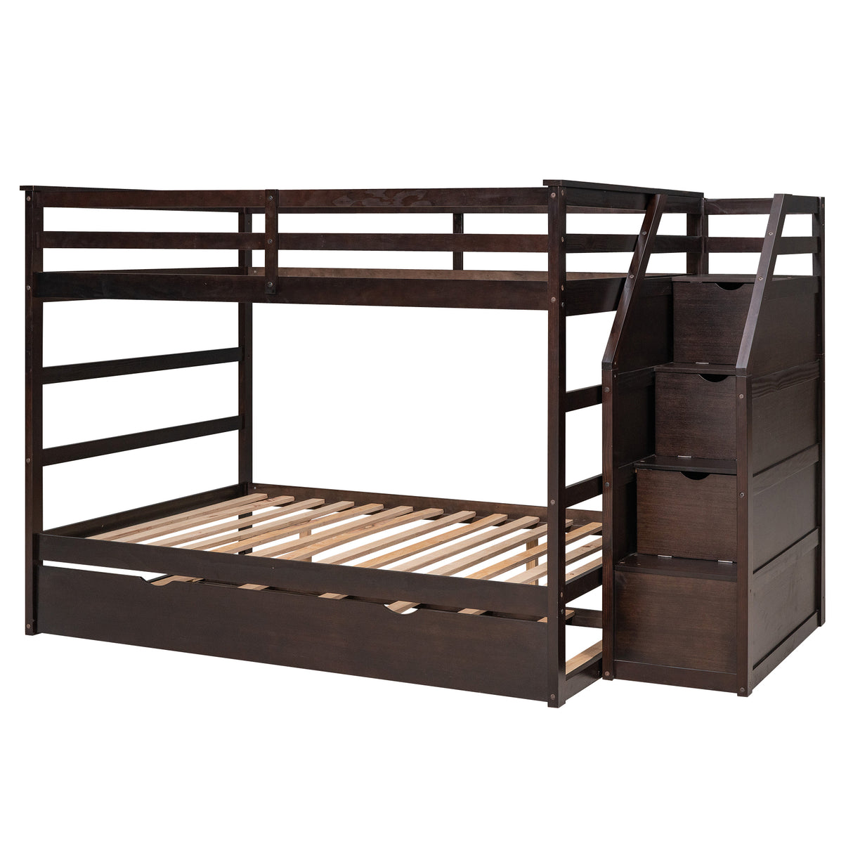 Full-over-Full Bunk Bed with Twin Size Trundle and 3 Storage Stairs,Espresso - Home Elegance USA