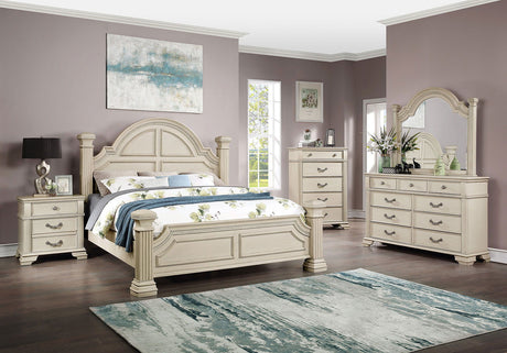 Pamphilos - Queen Bed & 1 Nightstand & Dresser & Mirror & Chest - Antique White - Home Elegance USA