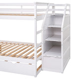 Full-over-Full Bunk Bed with Twin Size Trundle and 3 Storage Stairs,White - Home Elegance USA