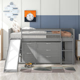 Low Twin Size Loft Bed with Cabinets, Shelves and Slide - Gray(OLD SKU :LP000503AAE) - Home Elegance USA