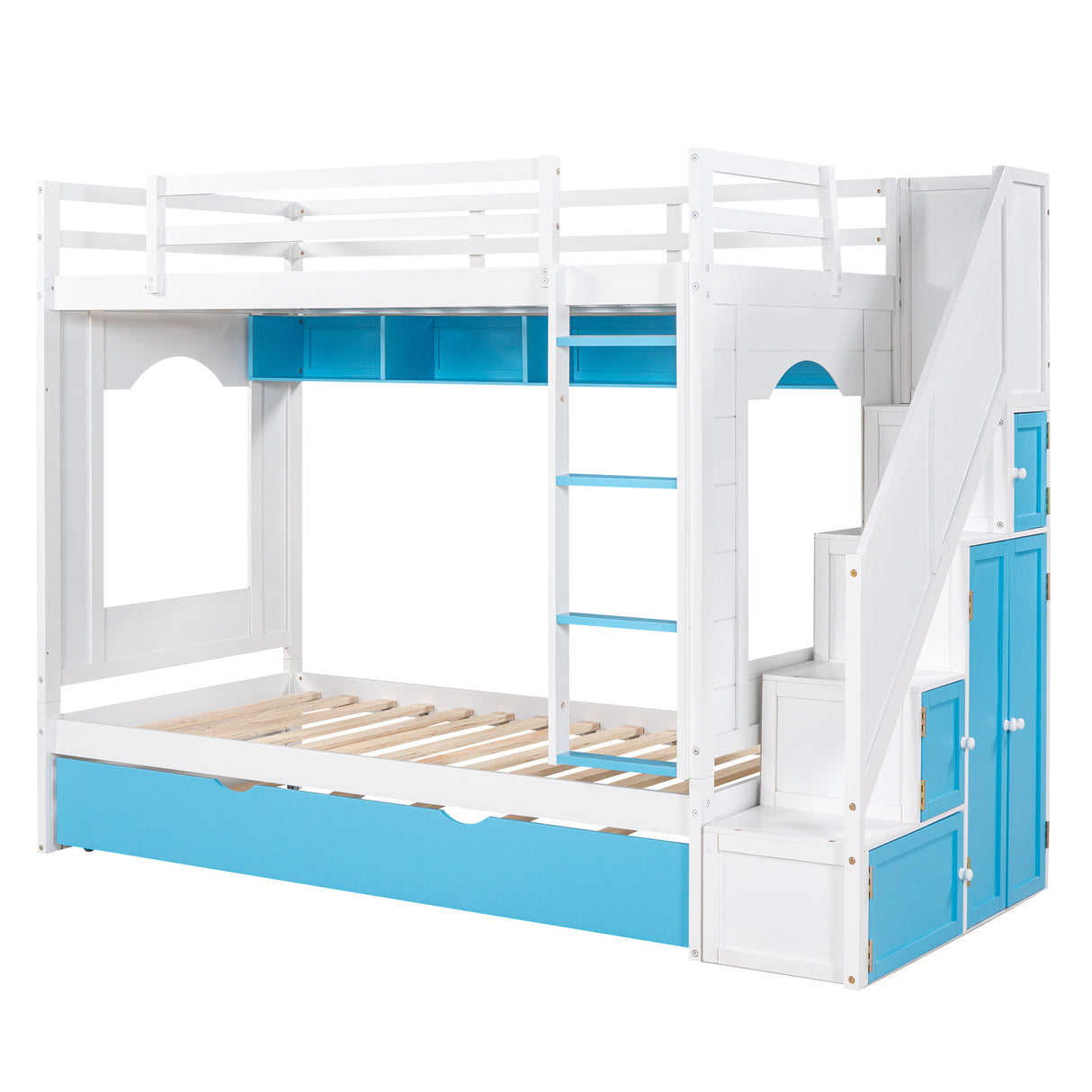 Twin Over Twin Bunk Bed with Trundle ,Stairs,Ladders Solid Wood Bunk bed with Storage Cabinet （White + Blue） - Home Elegance USA