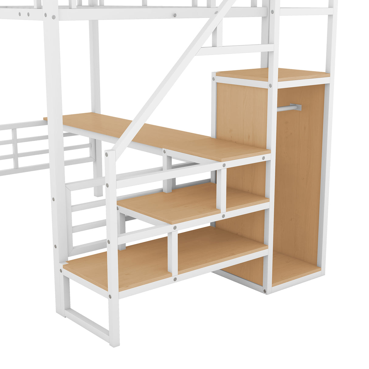 Full Size Metal Loft Bed with Desk, Storage Staircase and Small Wardrobe, Storage stairs can be installed left and right, White - Home Elegance USA