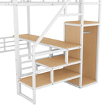 Full Size Metal Loft Bed with Desk, Storage Staircase and Small Wardrobe, Storage stairs can be installed left and right, White - Home Elegance USA