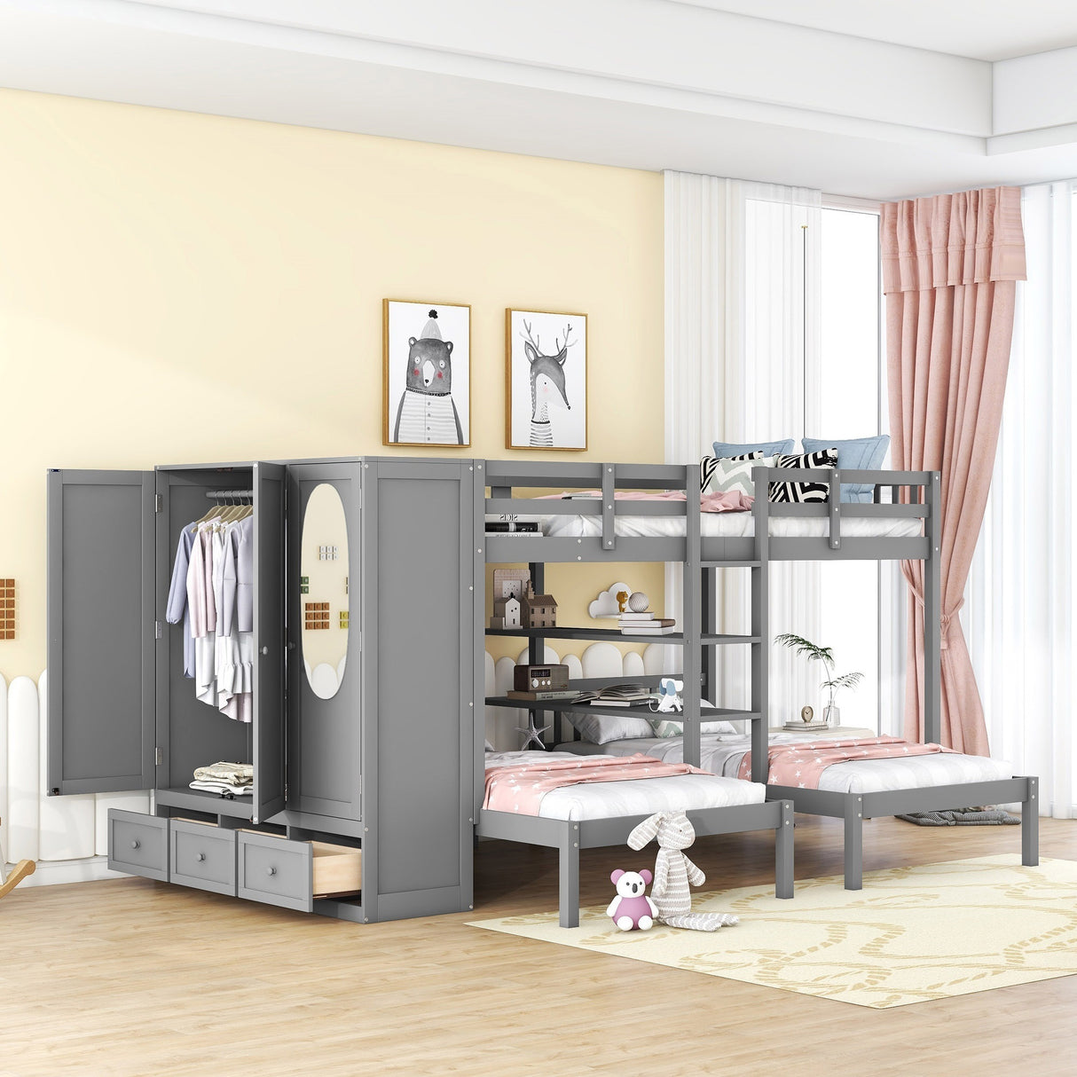 Full-Over-Twin-Twin Bunk Bed with Shelves, Wardrobe and Mirror, Gray - Home Elegance USA