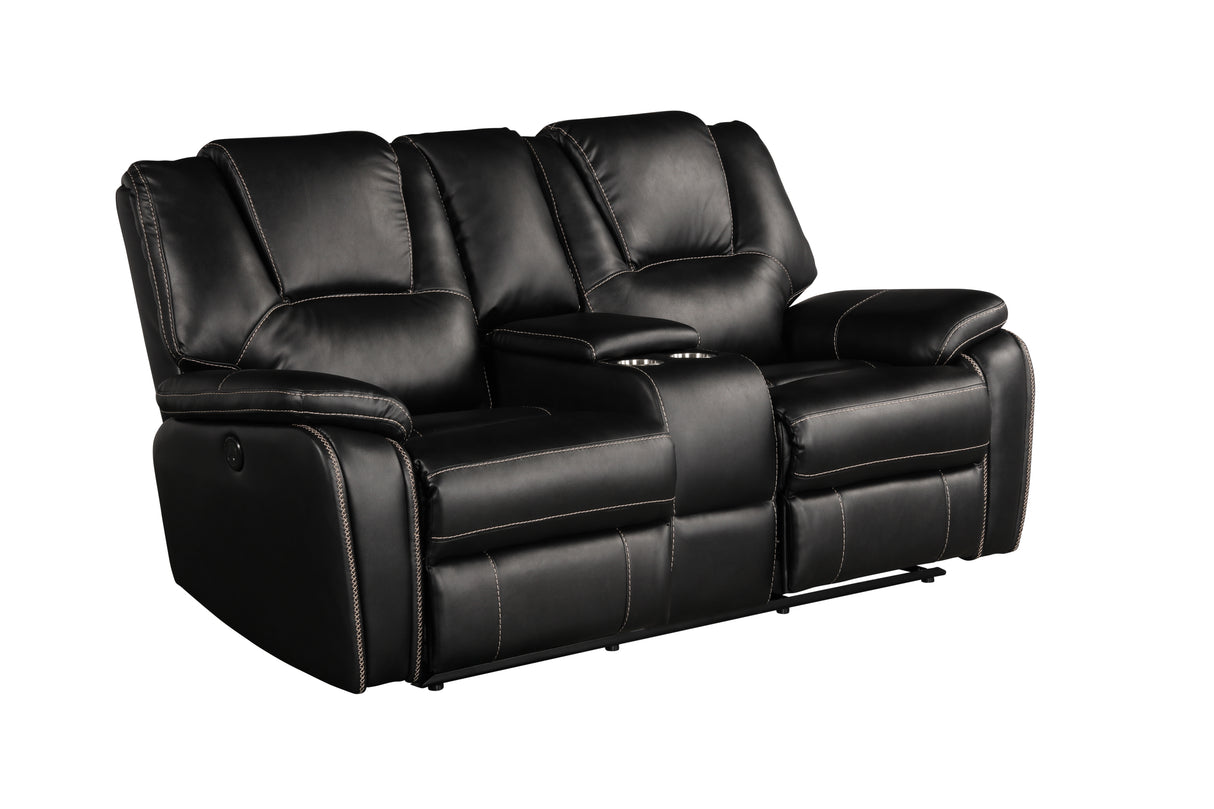 Hong Kong 3 Piece Power Reclining Sofa Set made with Faux Leather in Black Home Elegance USA