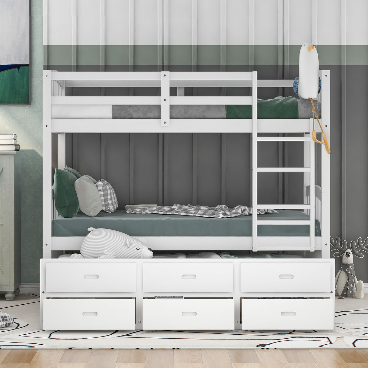 Twin over Twin Wood Bunk Bed with Trundle and Drawers,White - Home Elegance USA