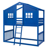 Twin Over Twin House Bunk Bed With Ladder, Wood Bed-Blue - Home Elegance USA