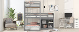 L-shaped Wood Triple Twin Size Bunk Bed with Storage Cabinet and Blackboard, Ladder, Gray - Home Elegance USA