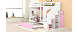 Twin Over Twin Bunk Bed with Trundle ,Stairs,Ladders Solid Wood Bunk bed with Storage Cabinet （White + Pink） - Home Elegance USA