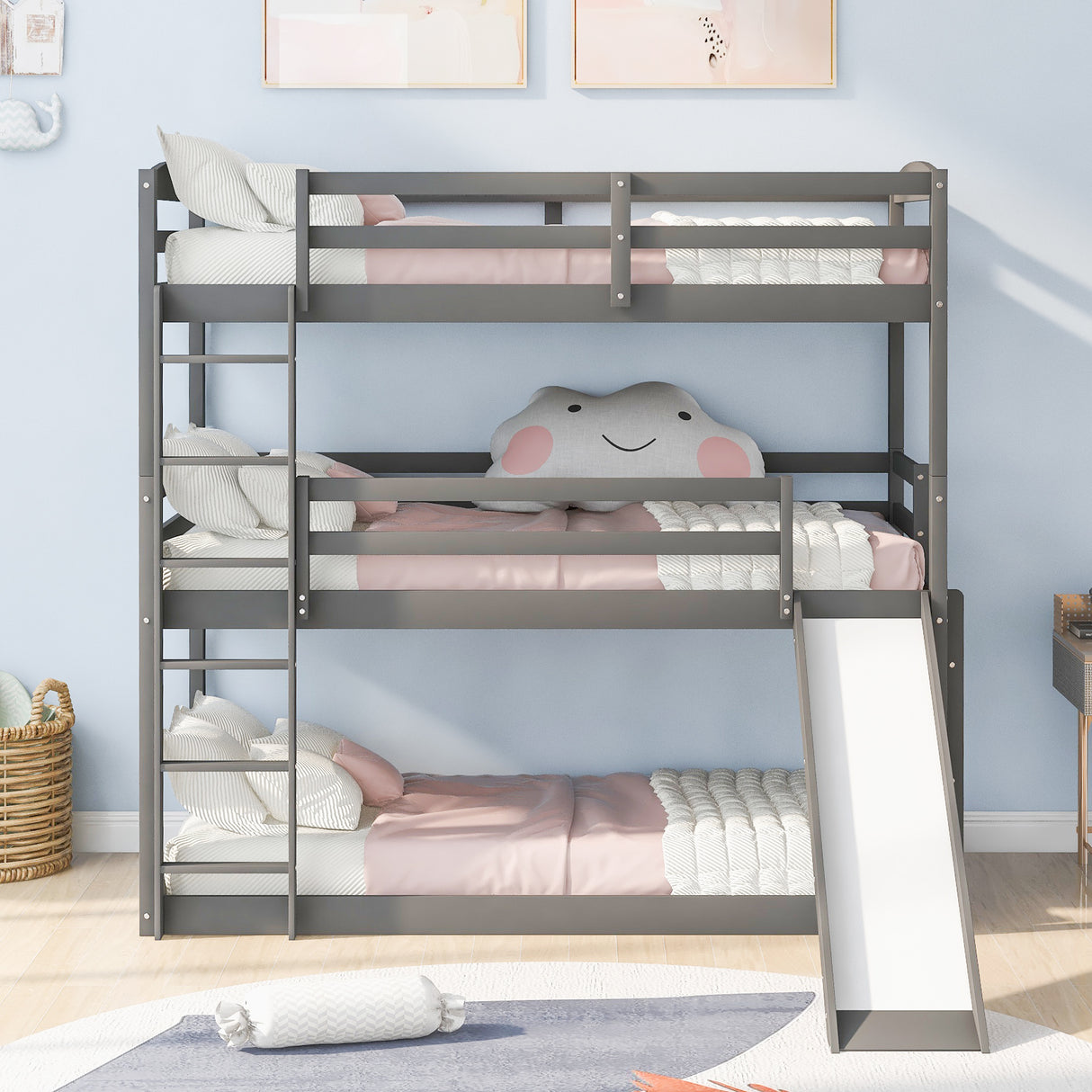 Twin over Twin over Twin Adjustable Triple Bunk Bed with Ladder and Slide,Gray(OLD SKU:SM000508AAE) - Home Elegance USA