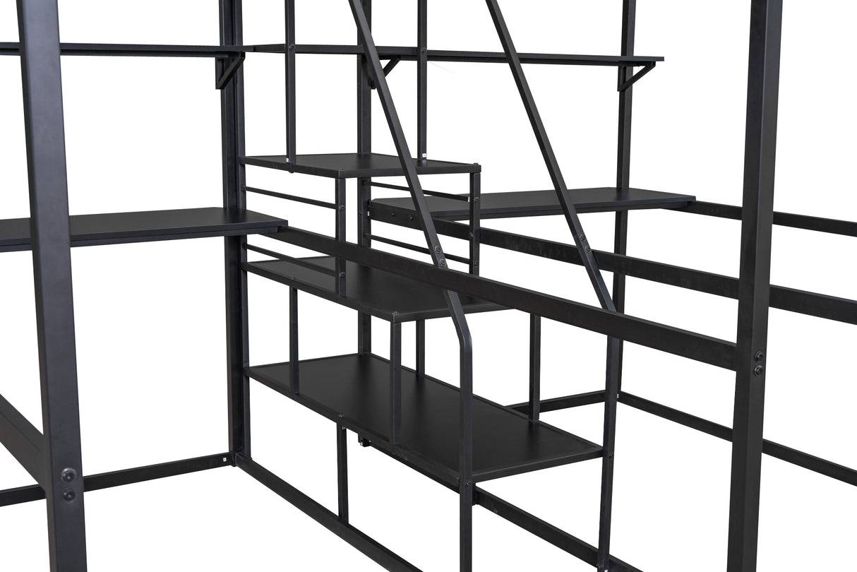 Double Twin over Twin Metal Bunk Bed with Desk, Shelves and Storage Staircase, Black - Home Elegance USA