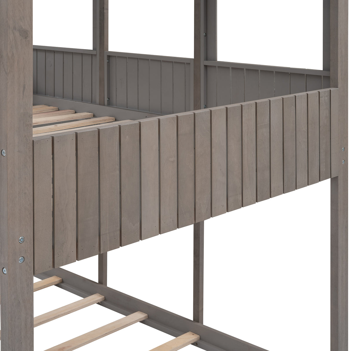 Full Over Full WoodBunk Bed with Roof, Window, Guardrail, Ladder  ( Antique Gray )( old sku: LP000031AAE ) - Home Elegance USA