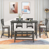 TREXM 6-Piece Counter Height Dining Table Set Table with Shelf 4 Chairs and Bench for Dining Room (Gray) - Home Elegance USA