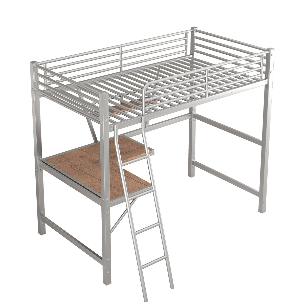 Twin Size Loft Metal&MDF Bed with Desk and Shelf, Silver (Old SKU:SM001105AAN-1) - Home Elegance USA