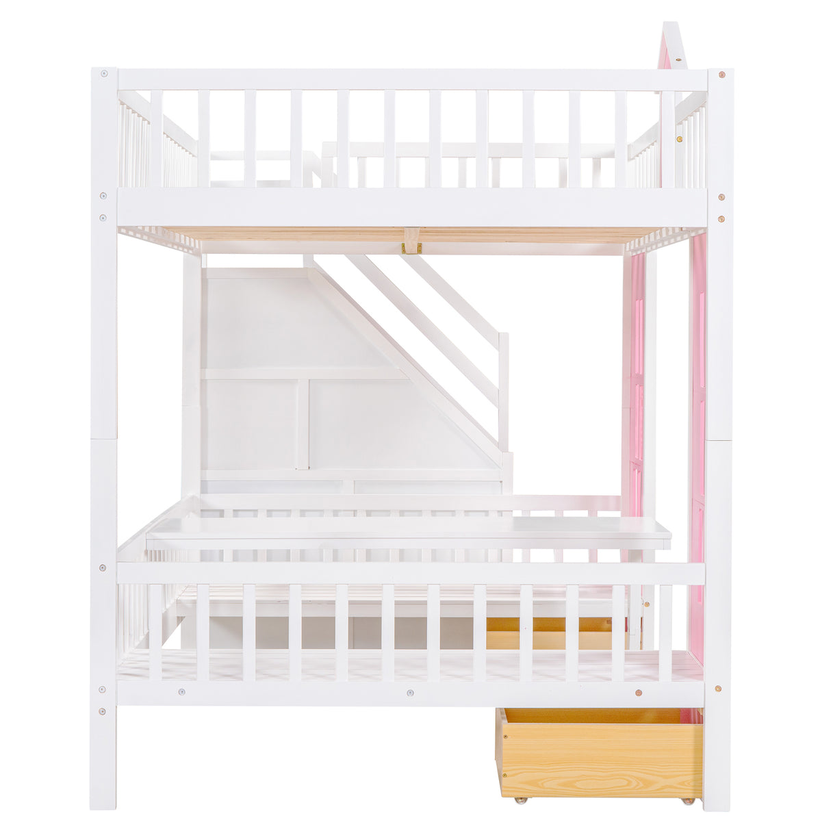 Full-Over-Full Bunk Bed with Changeable Table , Bunk Bed Turn into Upper Bed and Down Desk - Pink - Home Elegance USA