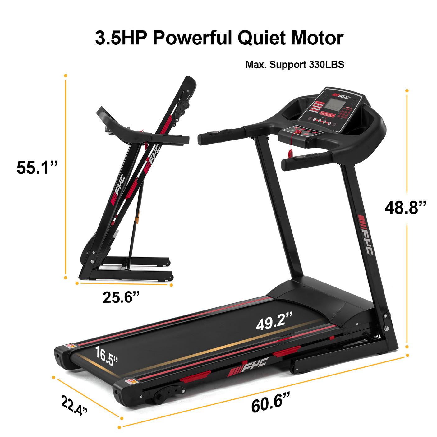 FYC Folding Treadmill for Home - 330 LBS Weight Capacity Running Machine with Incline/Bluetooth, 3.5HP 16KM/H Max Speed Foldable Electric Treadmill Easily Assembly, Home Gym Workout Exercise
