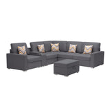 Nolan Gray Linen Fabric 7Pc Reversible Sectional Sofa with Interchangeable Legs, Pillows, Storage Ottoman, and a USB, Charging Ports, Cupholders, Storage Console Table - Home Elegance USA