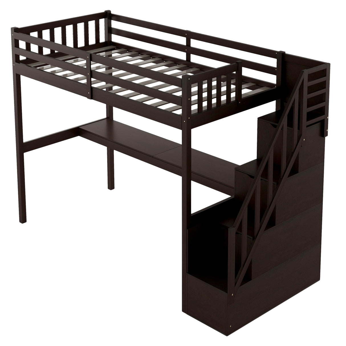 Twin Size Loft Bed with Staircase and Built-in Desk ,Espresso - Home Elegance USA