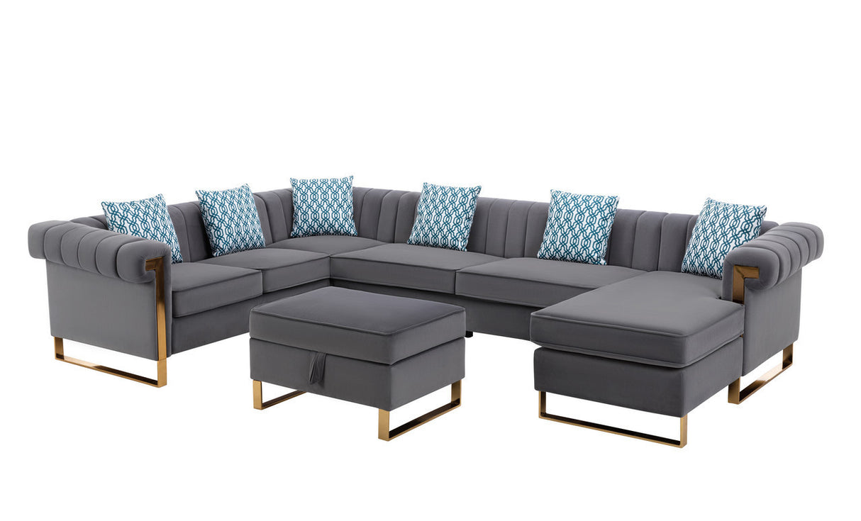Maddie Gray Velvet 7-Seater Sectional Sofa with Reversible Chaise and Storage Ottoman - Home Elegance USA