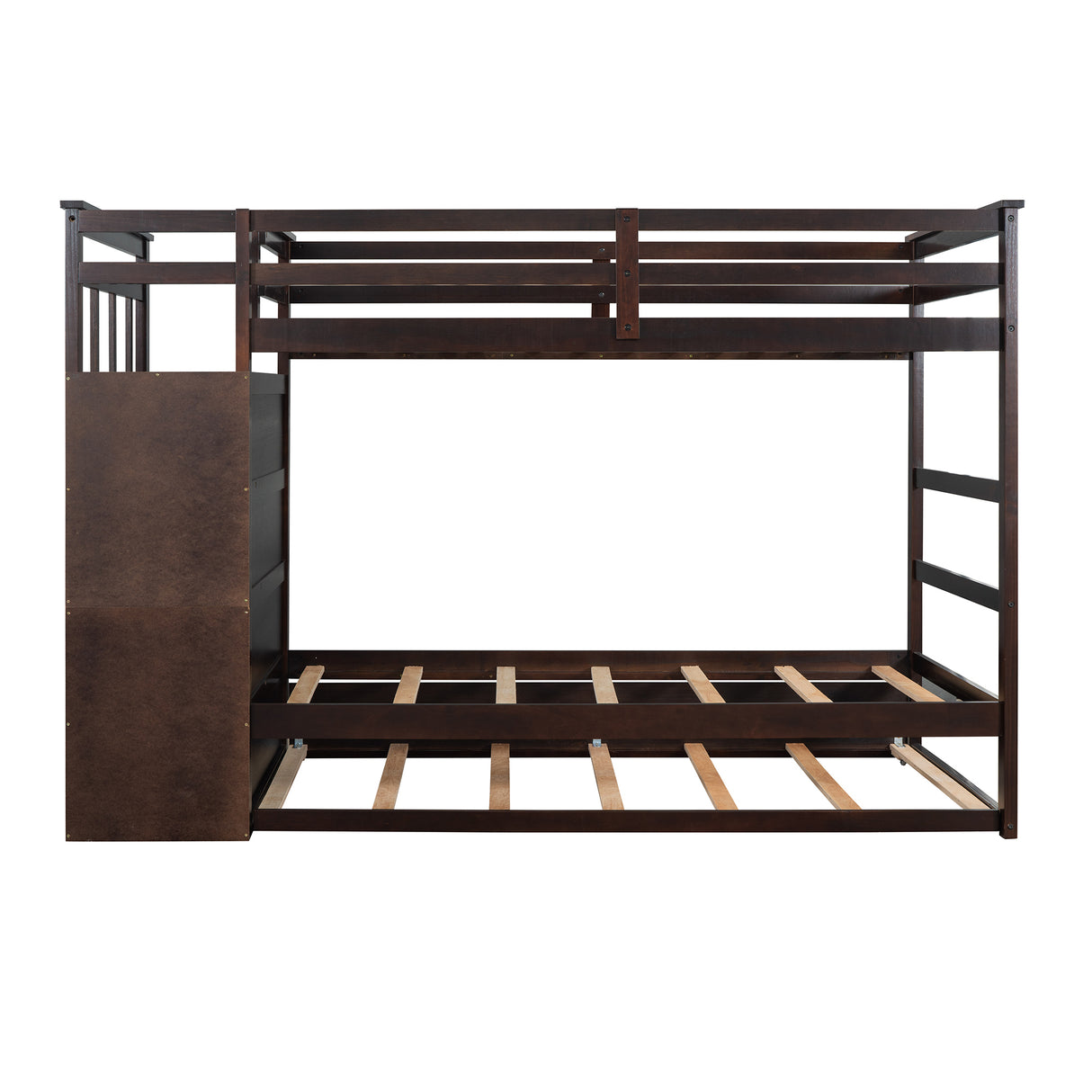 Solid Wood Bunk Bed , Hardwood Twin Over Twin Bunk Bed with Trundle and Staircase, Natural Espresso Finish (OLD SKU: LP000068AAP) - Home Elegance USA