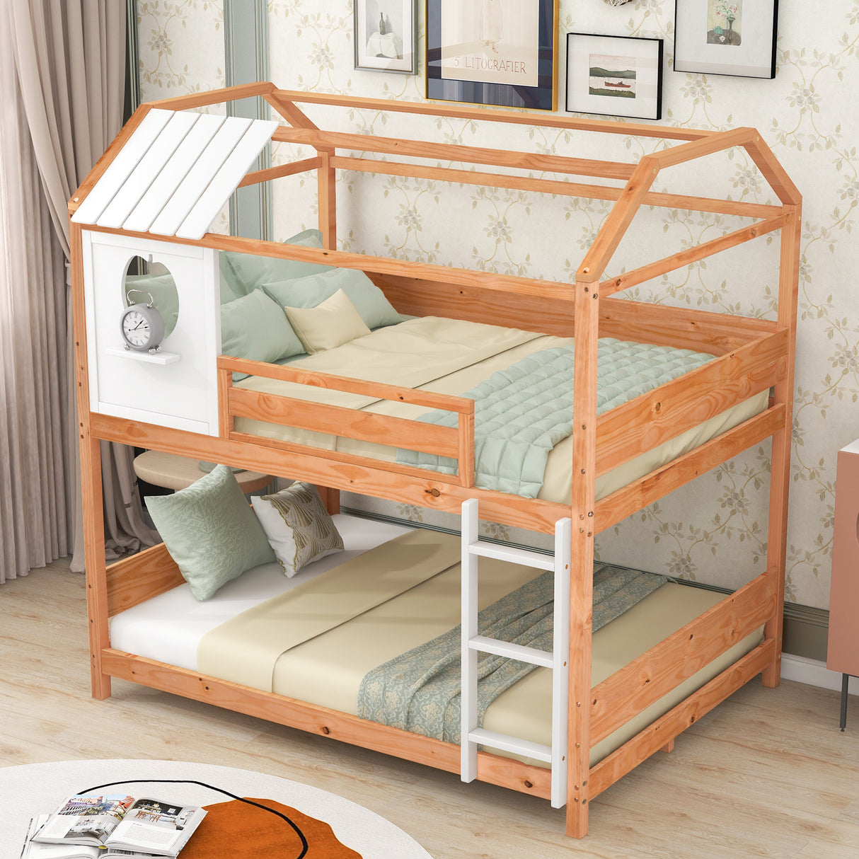 Full over Full Size House Bunk Bed with Window and Little Shelf,Full-Length Guardrail,Natural - Home Elegance USA