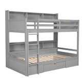 Twin Size Bunk Bed with Built-in Shelves Beside both Upper and Down Bed and Storage Drawer,Gray - Home Elegance USA