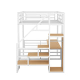 Full Size Metal Loft Bed with Desk, Storage Staircase and Small Wardrobe, Storage stairs can be installed left and right, White - Home Elegance USA