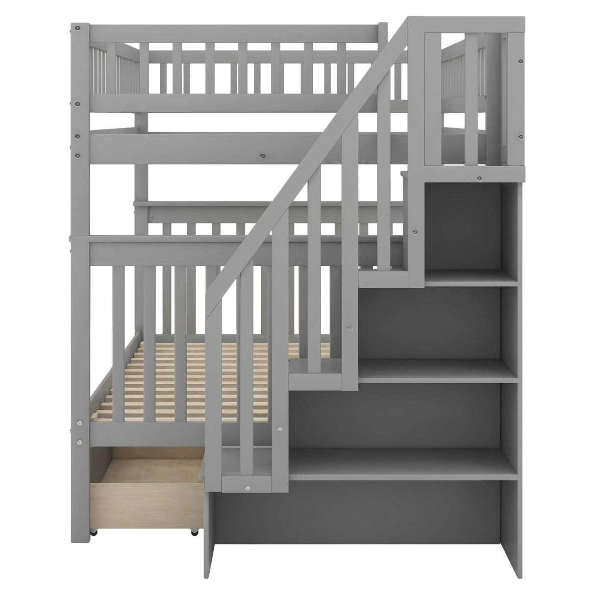 Full over Full Bunk Bed with Two Drawers and Storage, Gray - Home Elegance USA