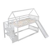 Twin over Twin House Bunk Bed with Slide and Storage Staircase,White - Home Elegance USA