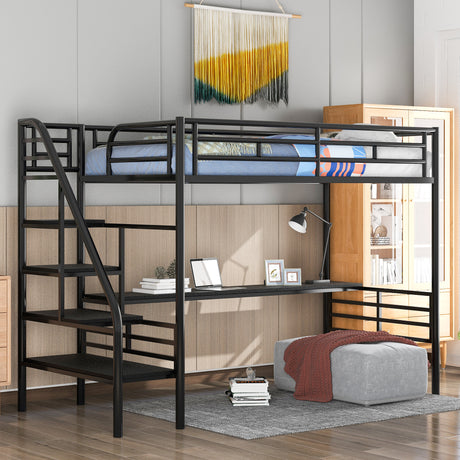 Metal Loft Bed Frame with Desk, No Box Spring Needed,Twin ,Black - Home Elegance USA