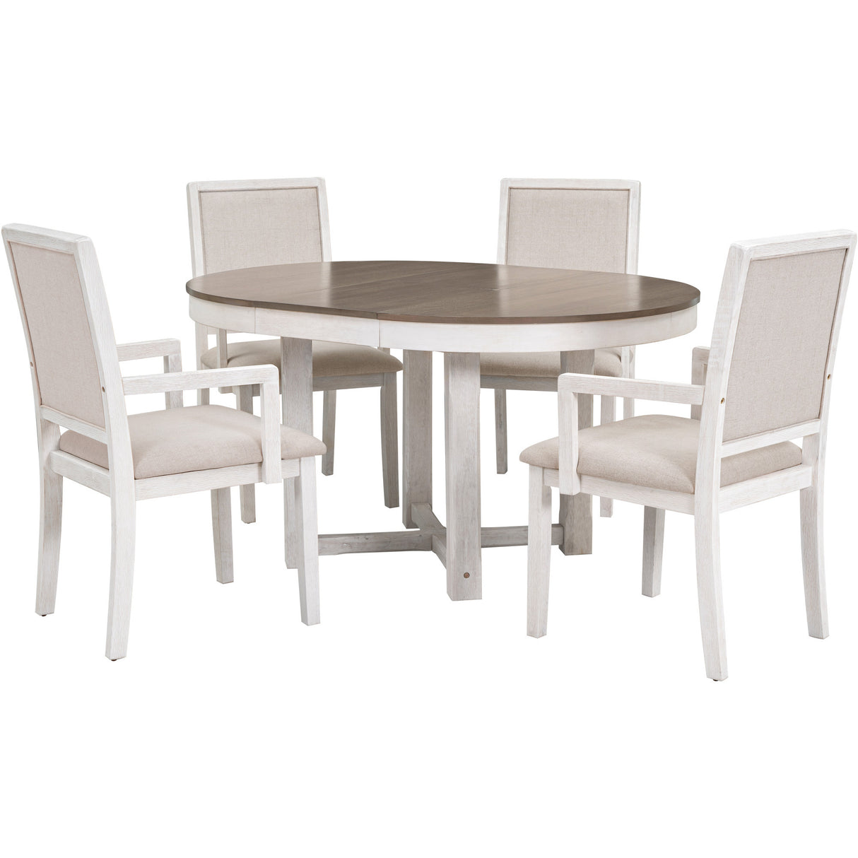 TREXM 5-Piece Dining Table Set, Two-Size Round To Oval Extendable Butterfly Leaf Wood Dining Table and 4 Upholstered Dining Chairs with Armrests (Brown+White) - Home Elegance USA