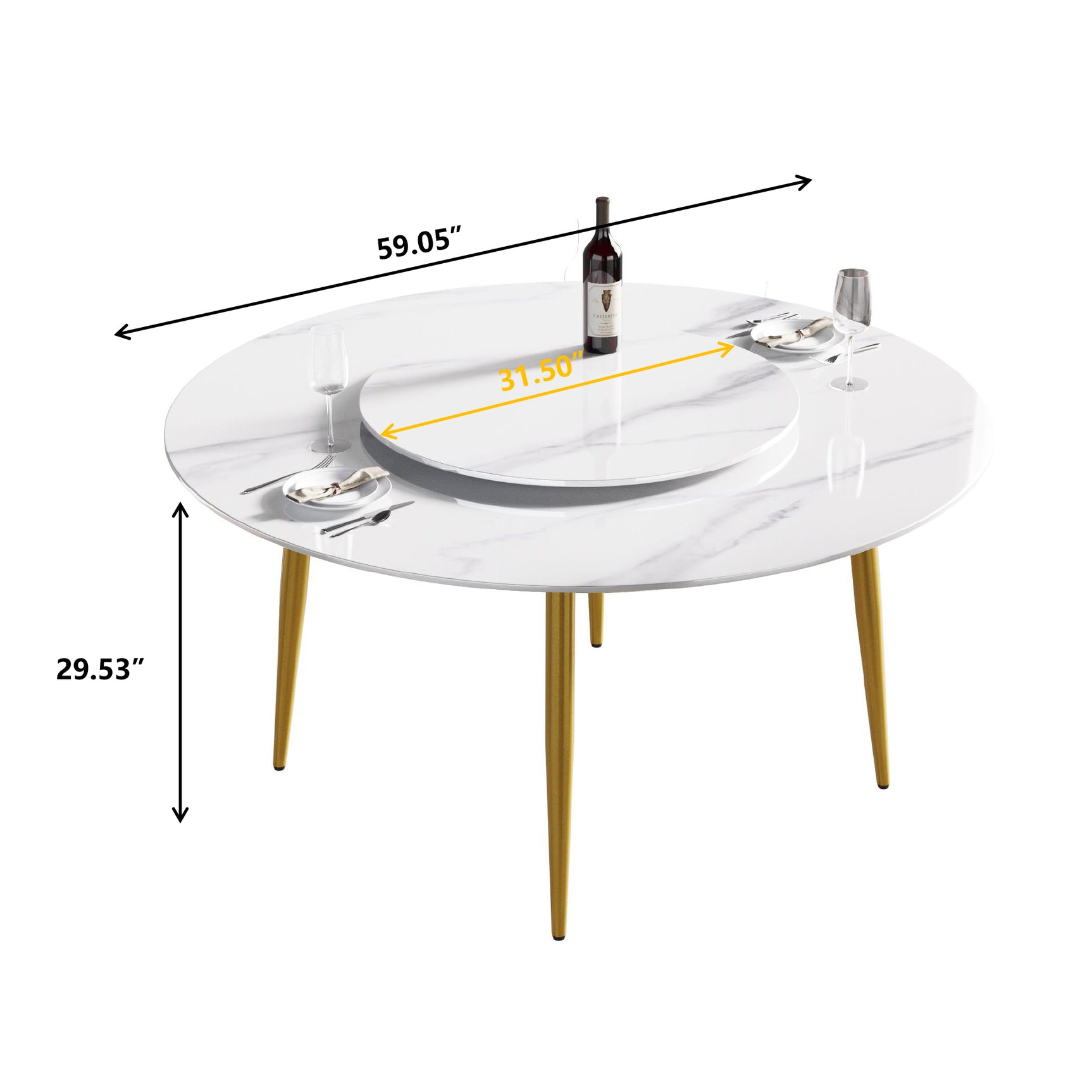 59.05"Modern artificial stone round golden metal dining table - can accommodate 6 people - 31.5"white artificial stone turntable - W1535S00012 - image - 10