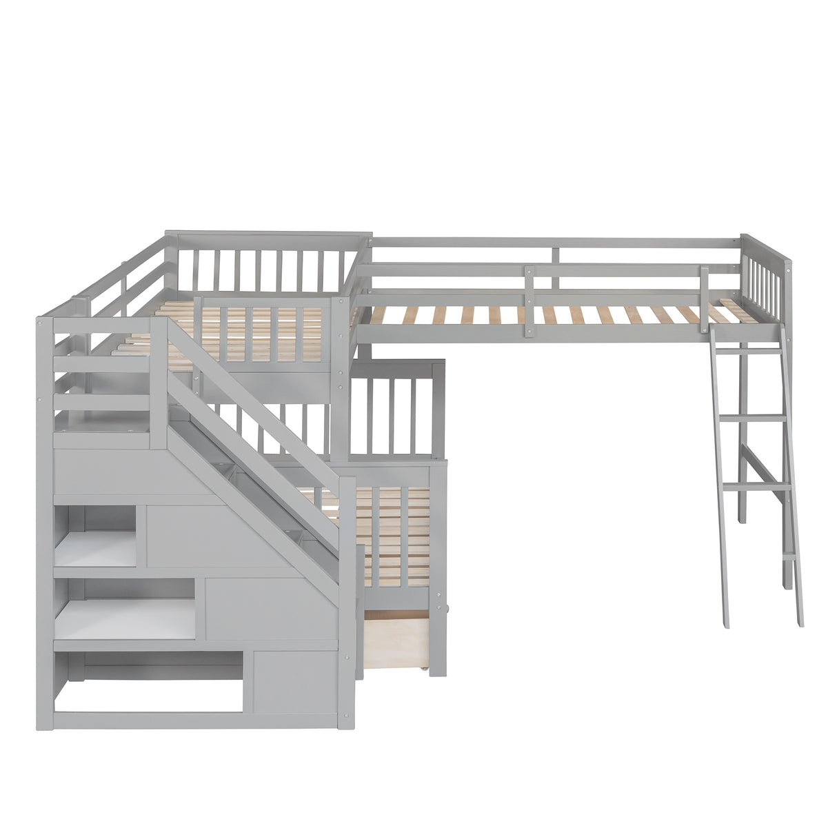 Twin over Full L-Shaped Bunk Bed With 3 Drawers, Ladder and Staircase - Gray - Home Elegance USA