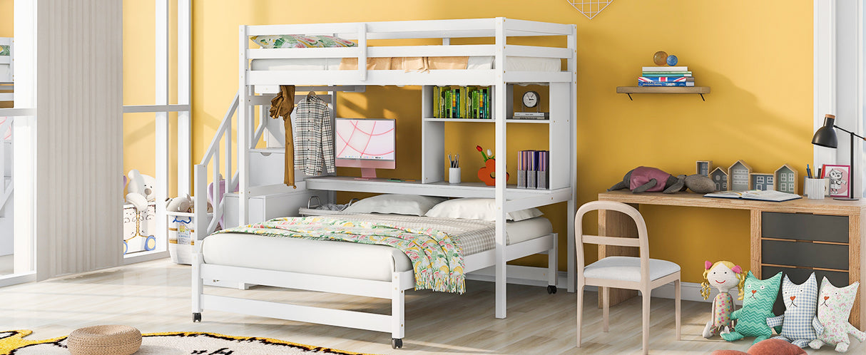 Twin over Full Bunk Bed with Storage Staircase, Desk, Shelves and Hanger for Clothes, White - Home Elegance USA