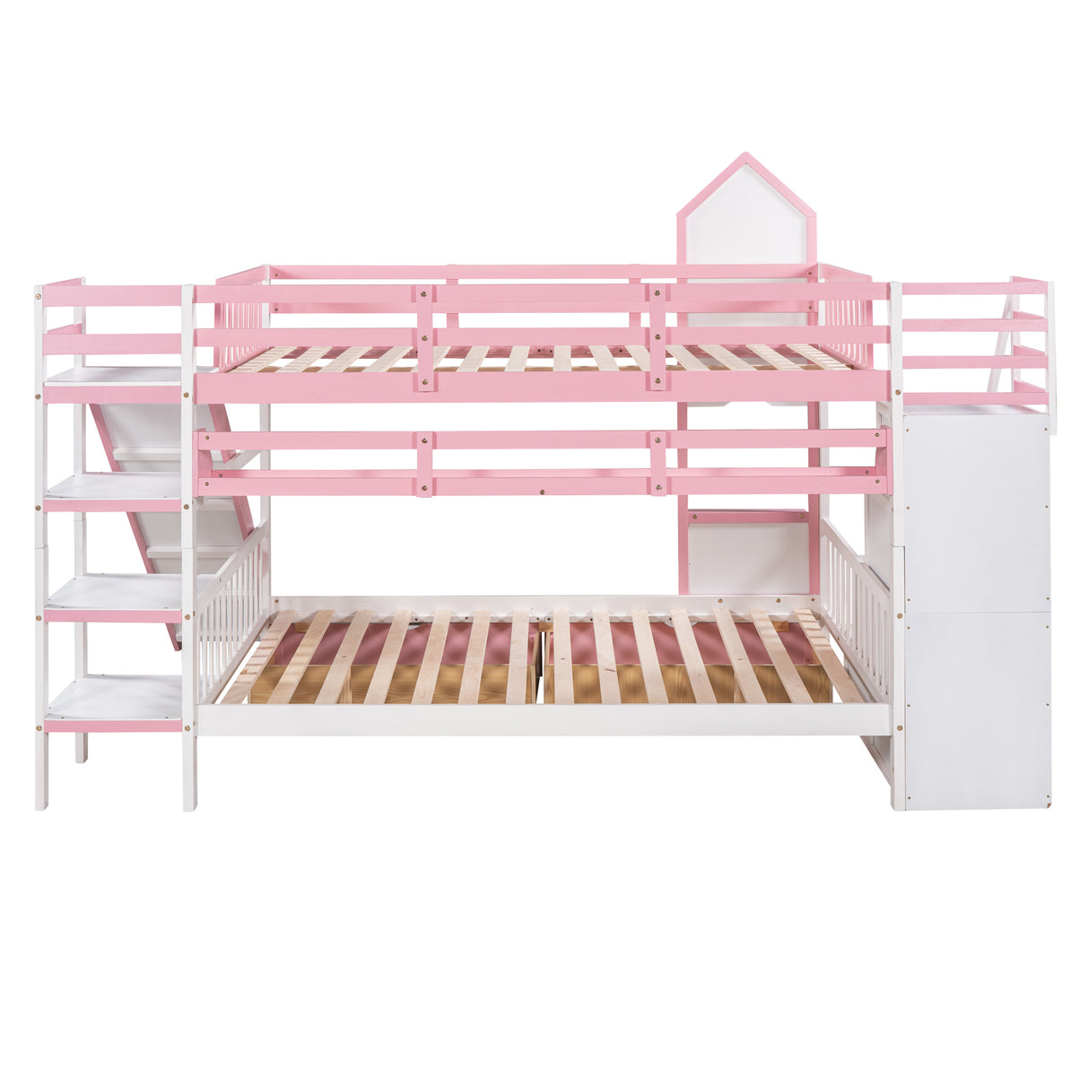 Full-Over-Full Castle Style Bunk Bed with 2 Drawers 3 Shelves and Slide - Pink