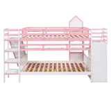 Full-Over-Full Castle Style Bunk Bed with 2 Drawers 3 Shelves and Slide - Pink