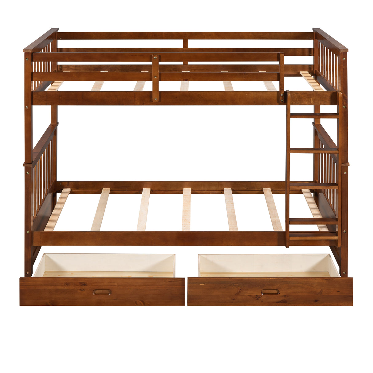 Twin-Over-Twin Bunk Bed with Ladders and Two Storage Drawers (Walnut) - Home Elegance USA